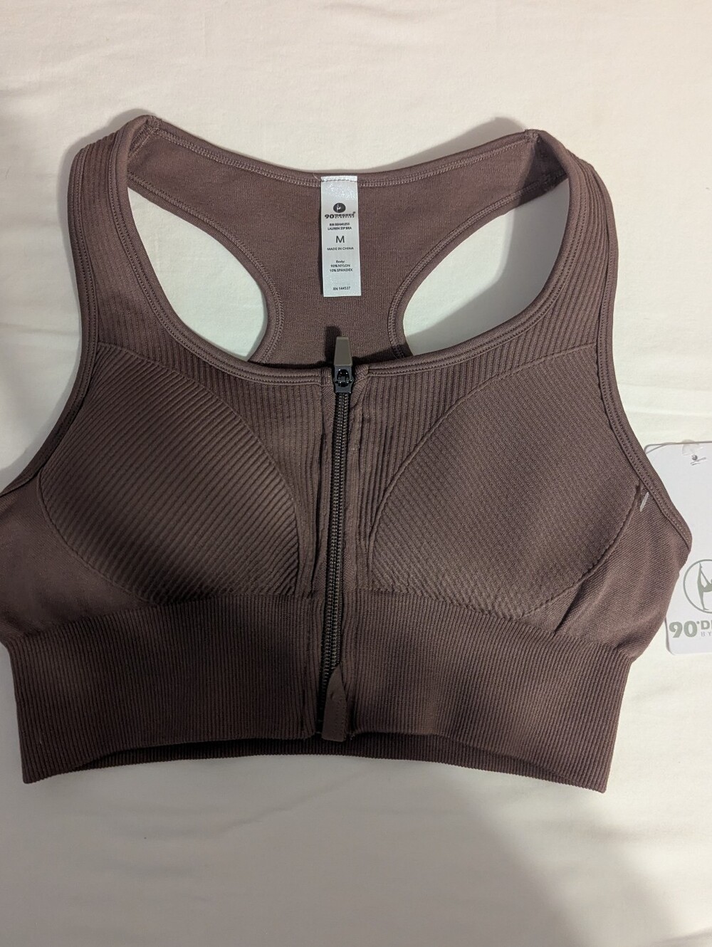 90 Degrees By Reflex Lauren Zippered Sports Bra Size Medium In Mocha Latte